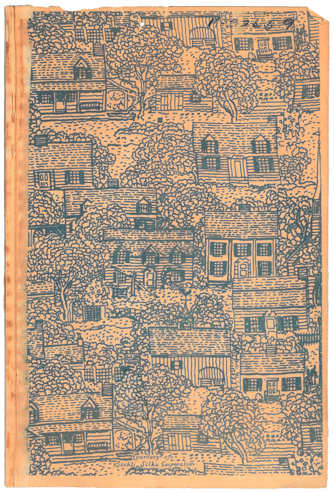 a paper with a line design of overlapping houses and trees. it's
      charming, in blue on a background yellowed with age. there's a few
      handwritten numbers in one corner, although they are not very legible.
      it's an endpaper, torn out of an old book a long time ago.