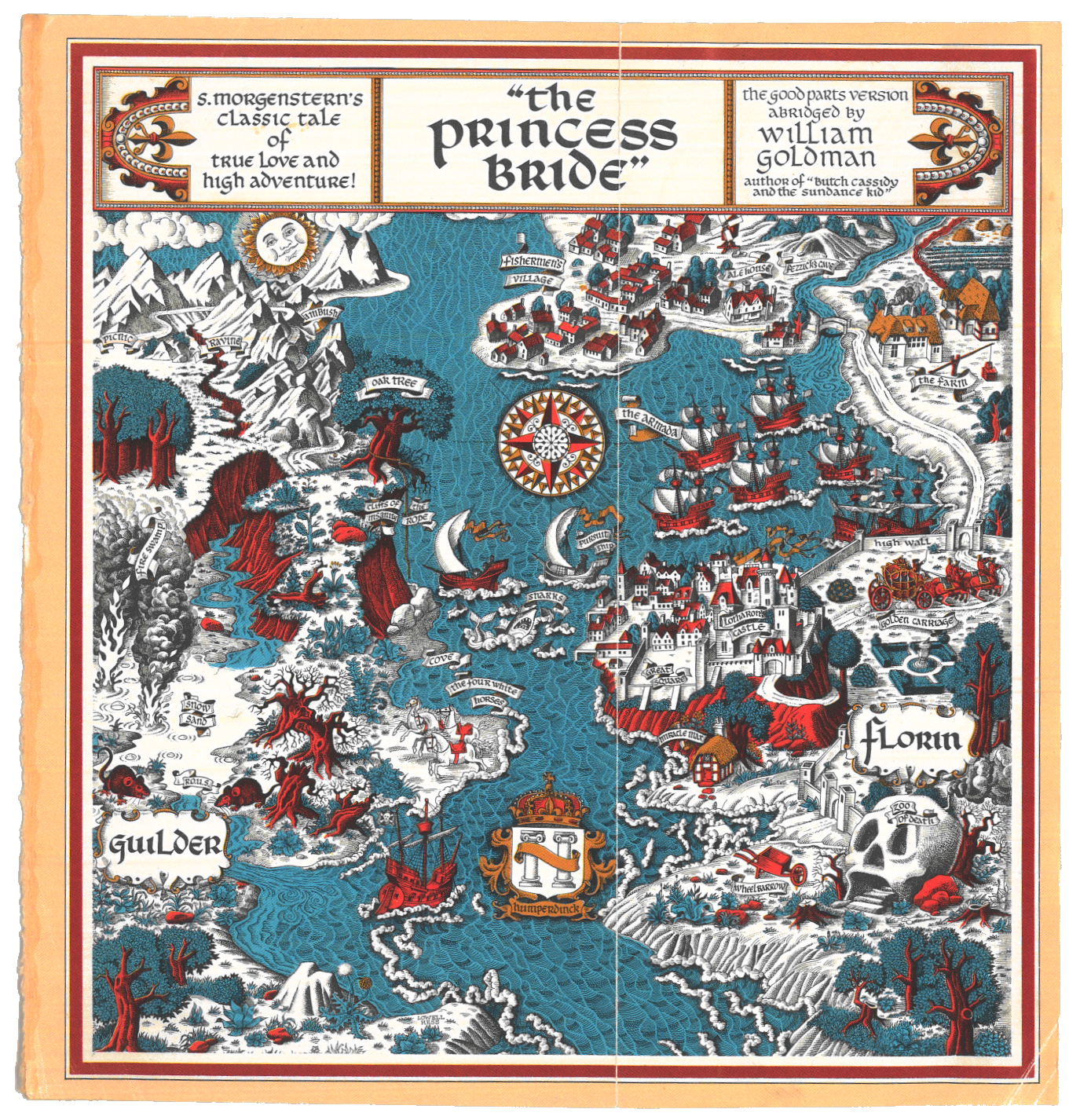 the map from the front of an older edition of the Princess
           Bride by William Goldman. it's all in blues and reds and it's high
           stylized: gnarled images of trees, a cave in the shape of a skull,
           high cliffs and sharks and castles and an elaborate compass rose.
           it's a fantastical thing and very lovely.
