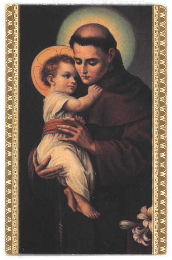 an image of a figure with the shaved-crown hairstyle and brown robes
      of a Christian monk (a saint, perhaps?) holding a small child. the child
      has a knowing expression and elaborate halo.
