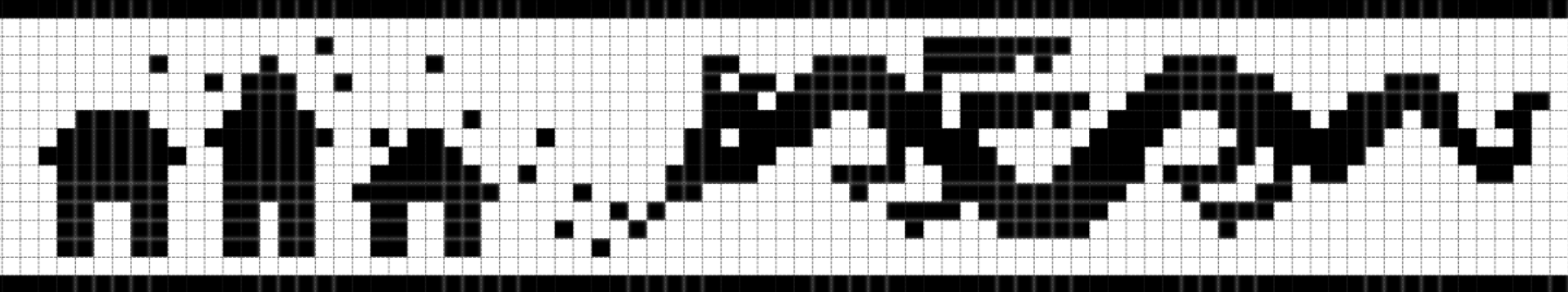 black and white gridded pattern of a dragon attacking a small village