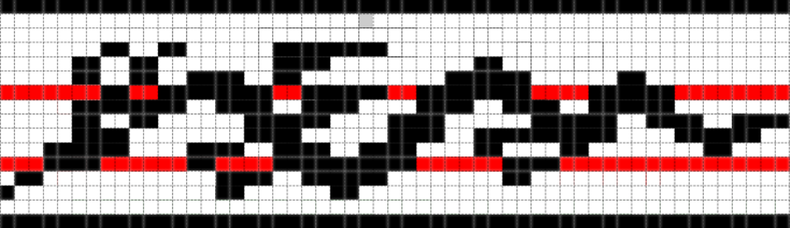 black and white gridded pattern with some red marks of a simple dragon